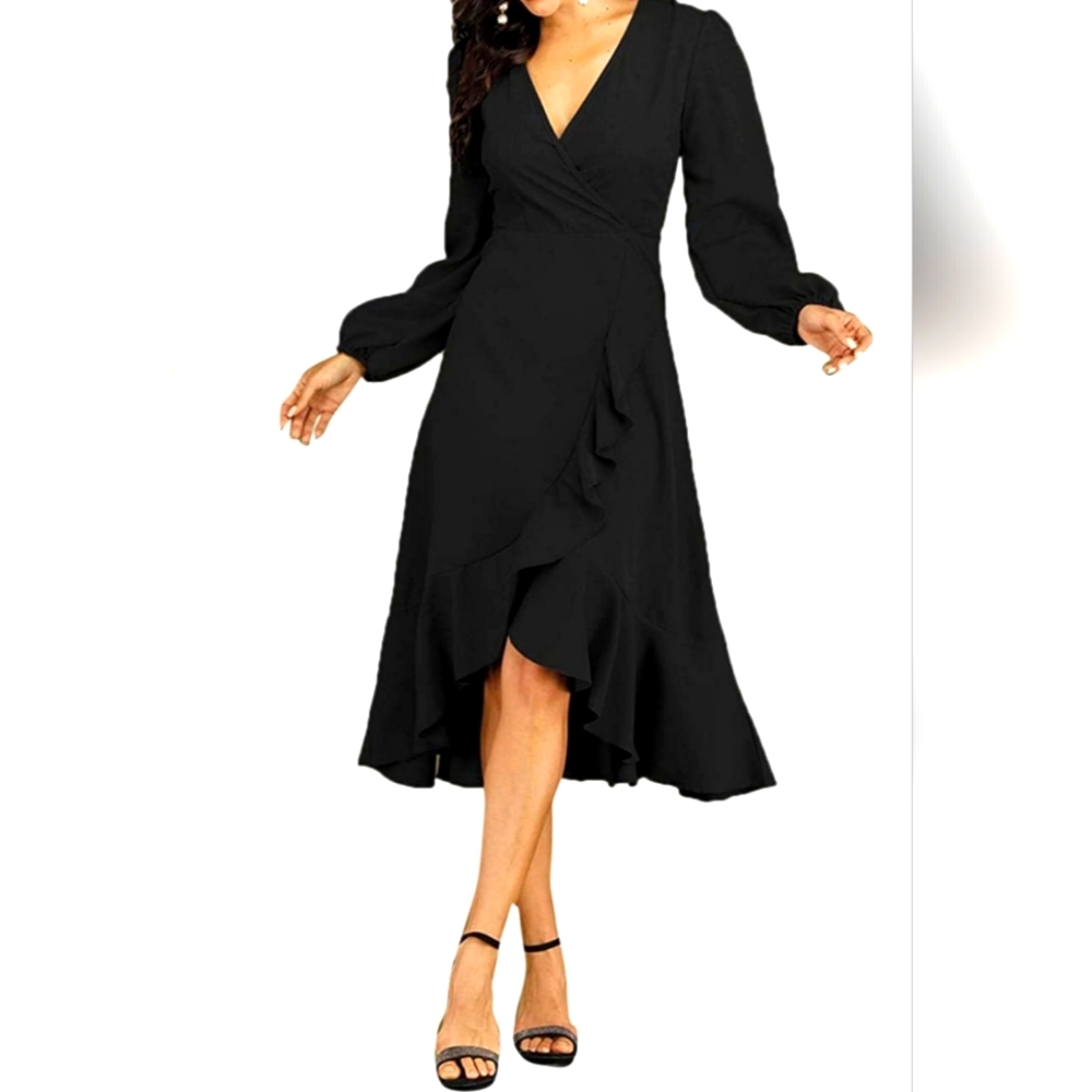 Bishop Sleeve Ruffle Hem Wrap Dress Black XL